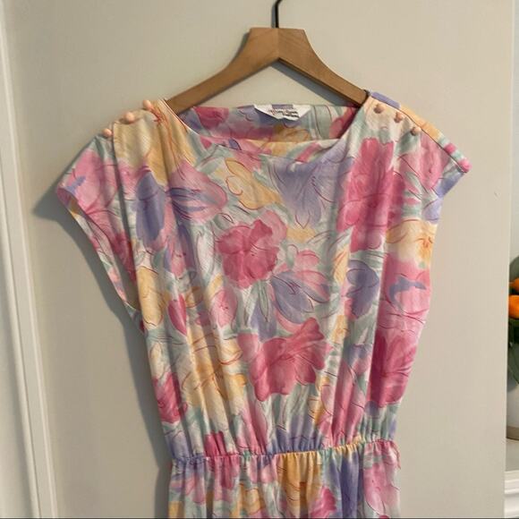 Vintage Mari Lynn Fashions Pink Watercolor Floral Mini Dress Small - Picture 10 of 14